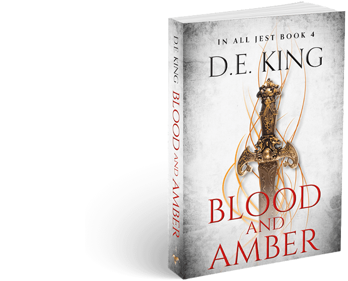 Book cover of 'Blood and Amber' by D.E. King featuring a sword.