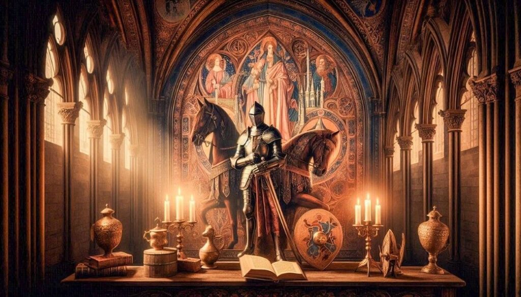 Medieval knight statue with candles in a gothic cathedral.