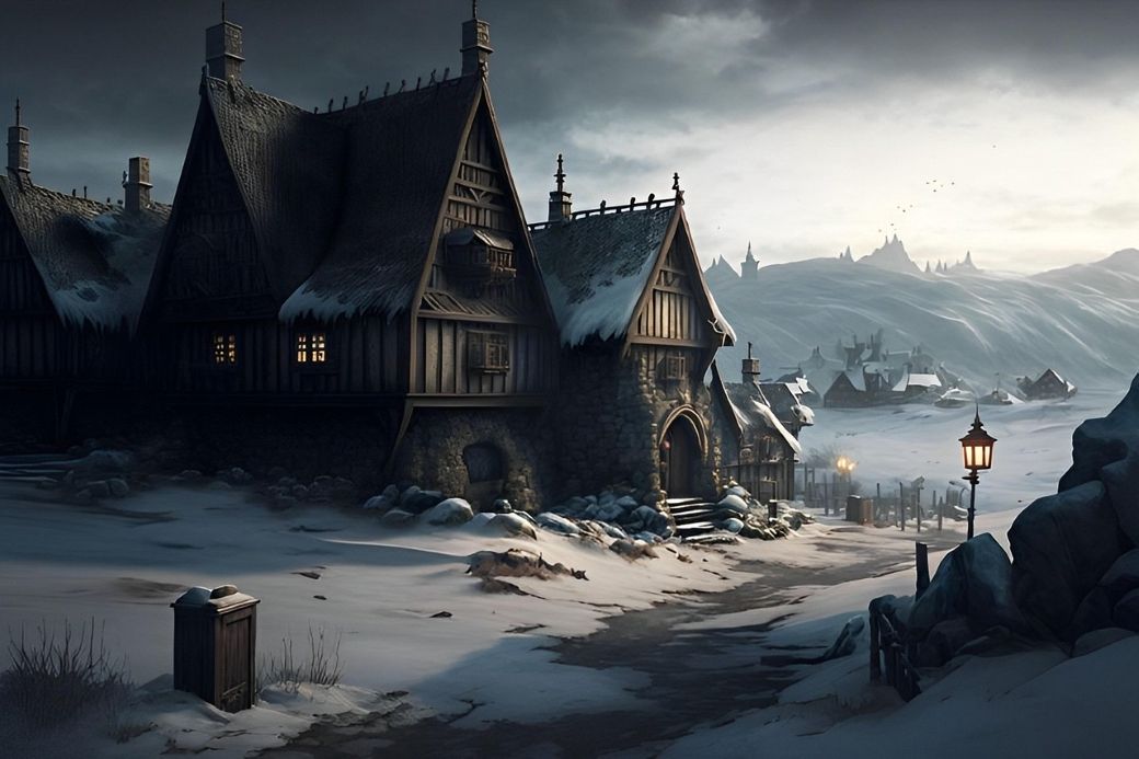 Snow-covered village with lit street lamps during dusk.