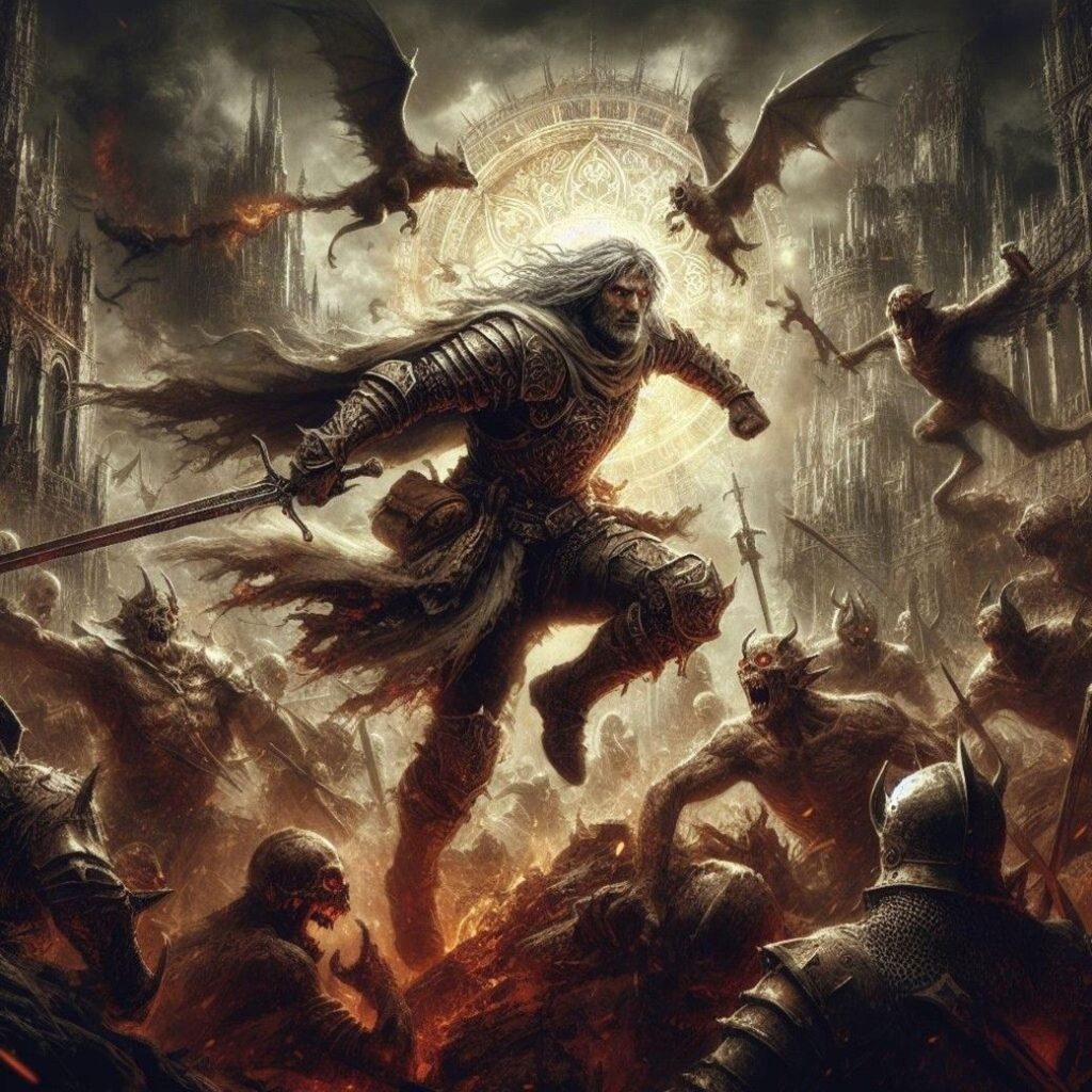 Medieval warrior battling demons in a dark fantasy scene.