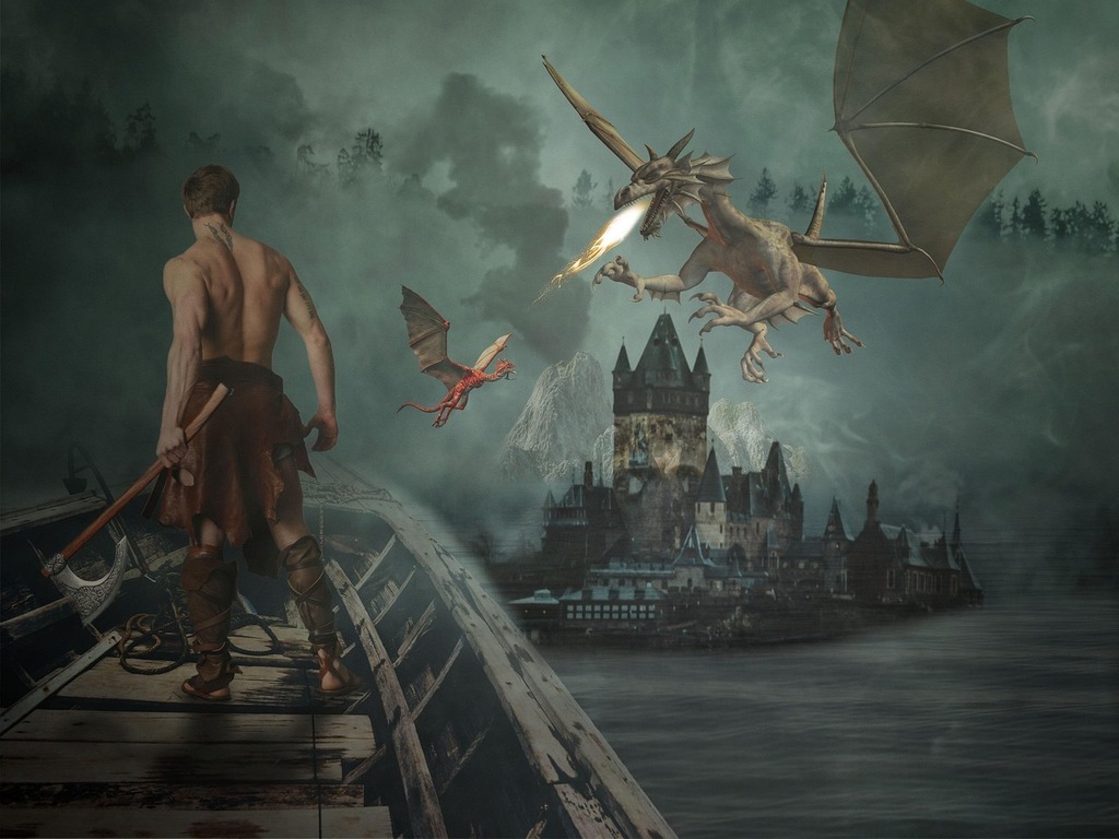 Warrior on a wooden ship facing a fire-breathing dragon near a castle.