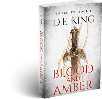 Book cover of 'Blood and Amber' by D.E. King featuring a sword.