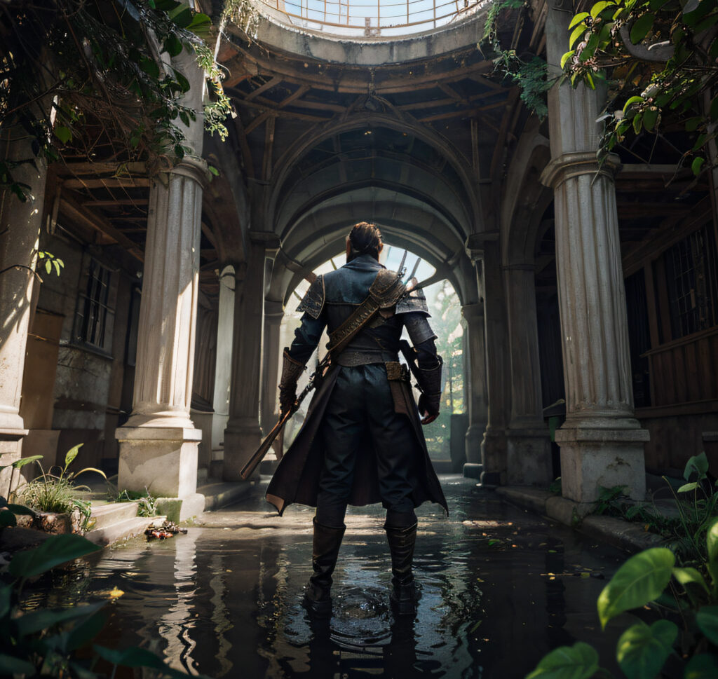 Person with swords stands in a waterlogged, sunlit atrium.