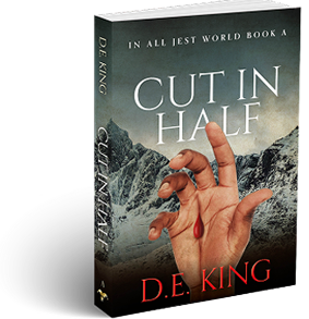 3D book cover of Cut in Half by D.E. King, featuring a severed hand with a bleeding finger against a snowy mountain backdrop.