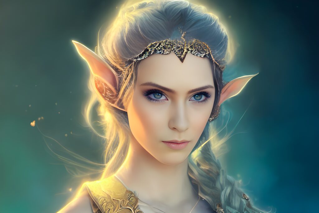 Fantasy elf woman with glowing ears and elaborate headpiece.