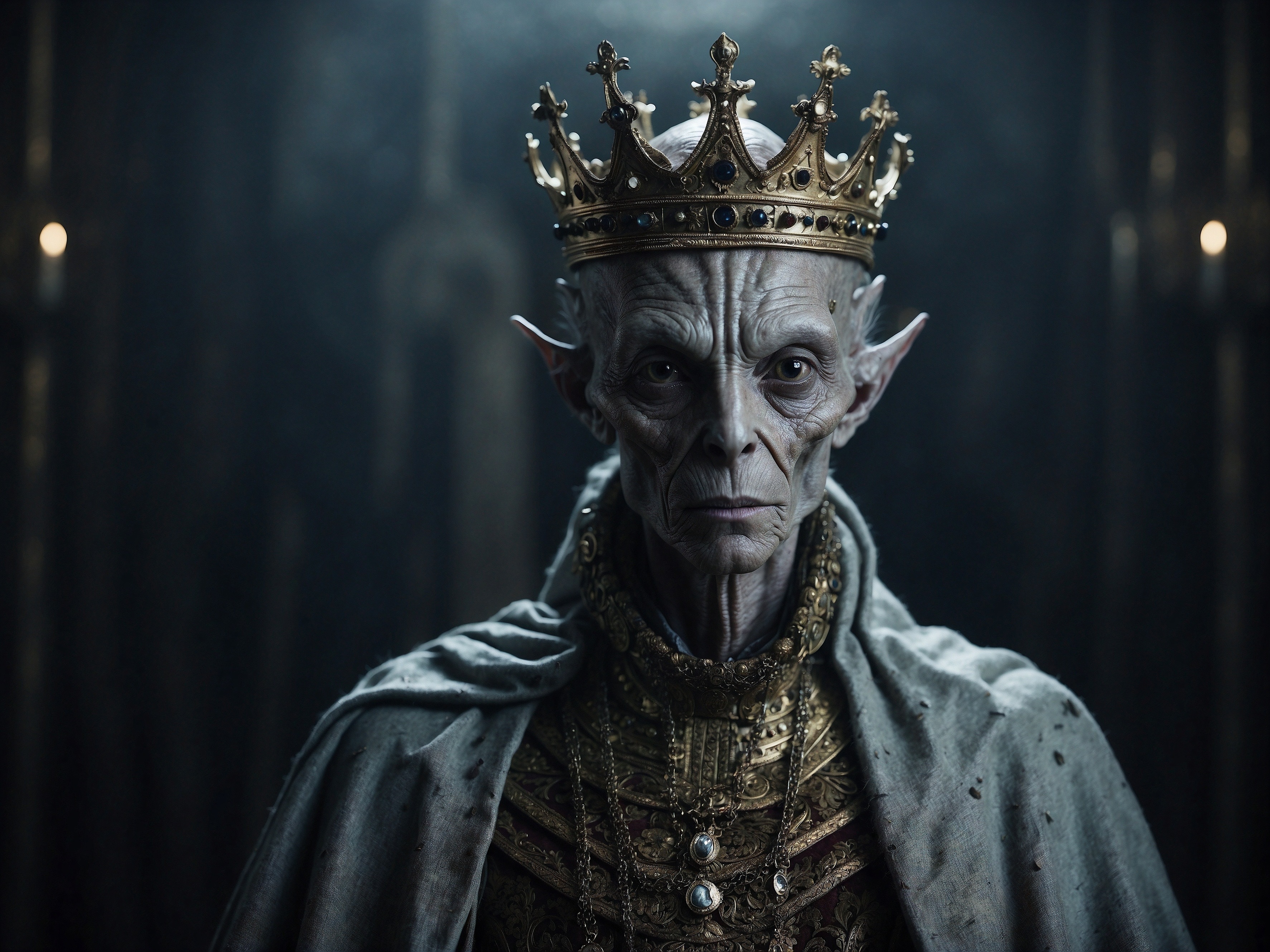 Fantasy character with a crown and regal robe in dim lighting.