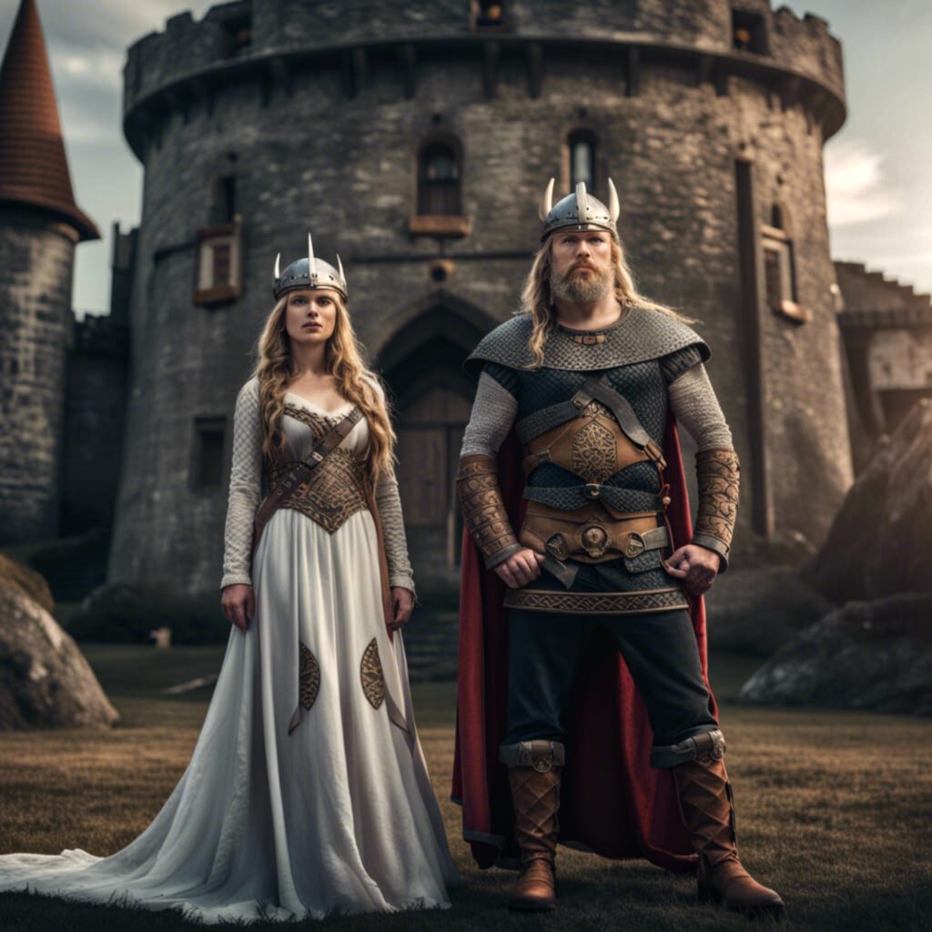 A man and woman in medieval costumes stand in front of a stone castle.