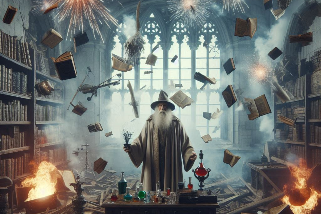 Wizard conjuring magic with floating books and fireworks.